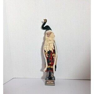 Folk Art Old World Santa Claus with Fabric Hair Coat Spools Buttons 13" Figurine